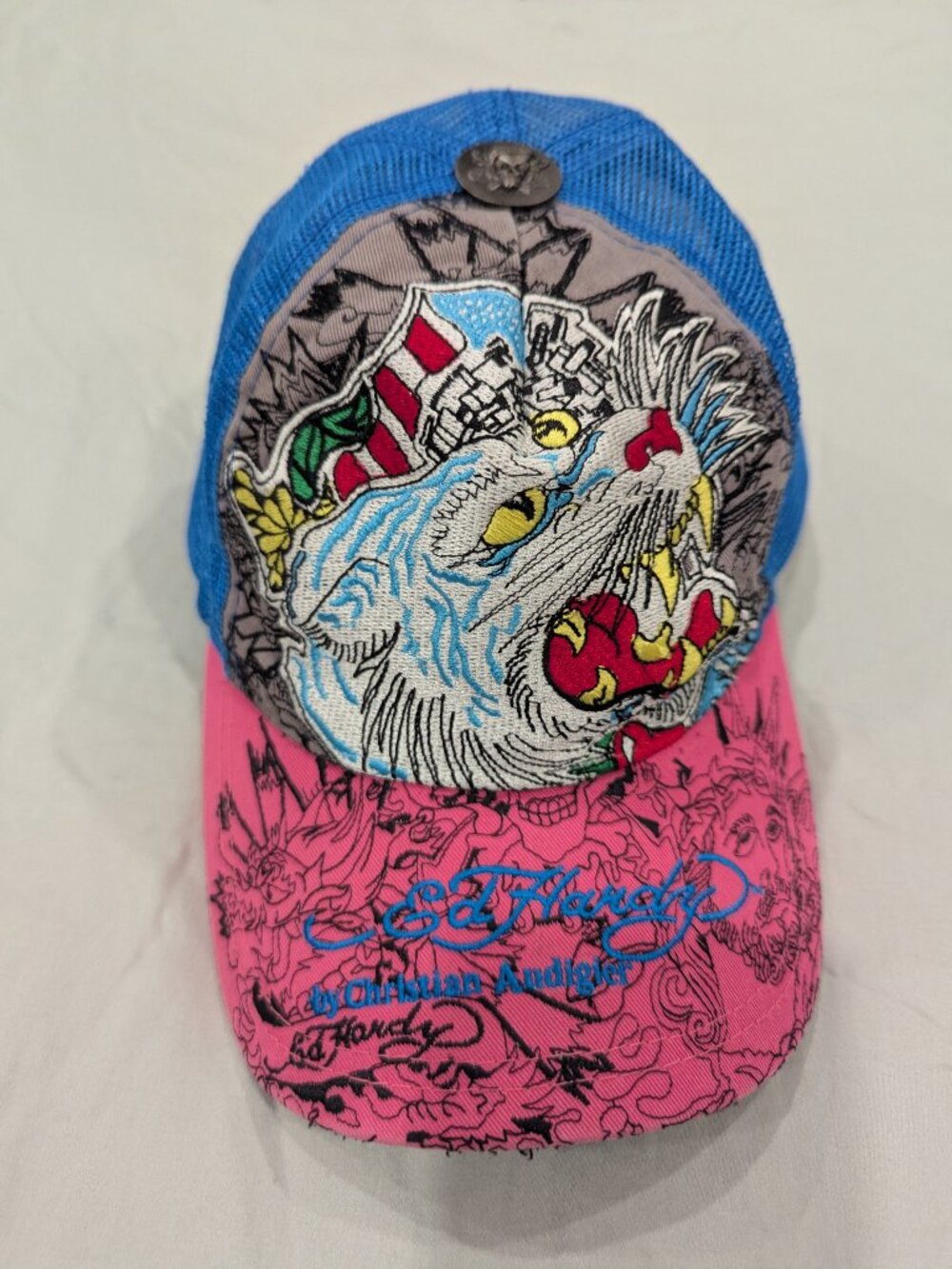 Ed Hardy by Christian Audigier Tiger Trucker Hat Blue Pink Gray Y2K Snapback